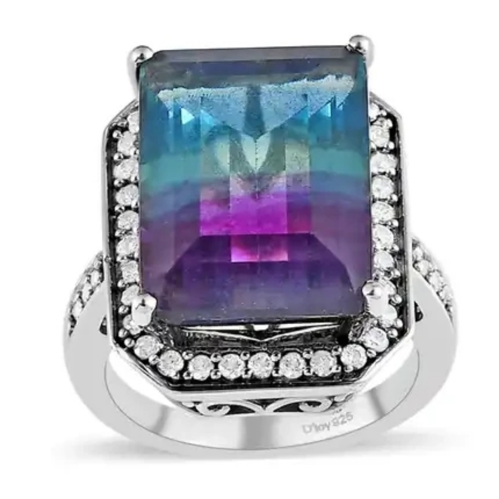 Bi Color Fluorite and White Zircon Halo Ring in Platinum Over Sterling Silver